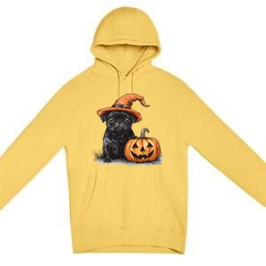 Black Pug With Witch Hat And Pumpkin Halloween Pug Mom Dog Cool Gift Premium Pullover Hoodie