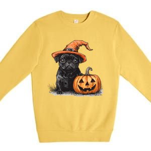 Black Pug With Witch Hat And Pumpkin Halloween Pug Mom Dog Cool Gift Premium Crewneck Sweatshirt