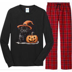 Black Pug With Witch Hat And Pumpkin Halloween Pug Mom Dog Cool Gift Long Sleeve Pajama Set