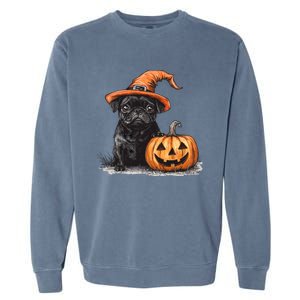 Black Pug With Witch Hat And Pumpkin Halloween Pug Mom Dog Cool Gift Garment-Dyed Sweatshirt