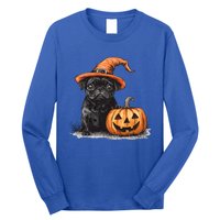 Black Pug With Witch Hat And Pumpkin Halloween Pug Mom Dog Cool Gift Long Sleeve Shirt