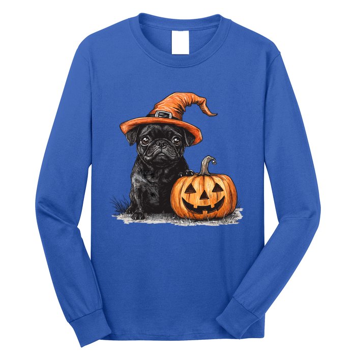 Black Pug With Witch Hat And Pumpkin Halloween Pug Mom Dog Cool Gift Long Sleeve Shirt