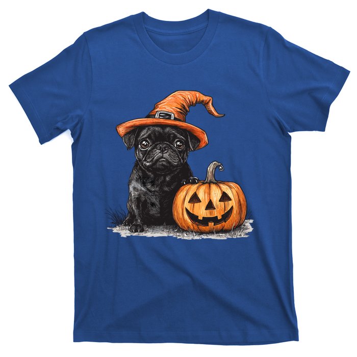 Black Pug With Witch Hat And Pumpkin Halloween Pug Mom Dog Cool Gift T-Shirt