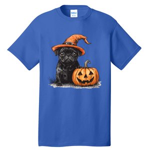 Black Pug With Witch Hat And Pumpkin Halloween Pug Mom Dog Cool Gift Tall T-Shirt