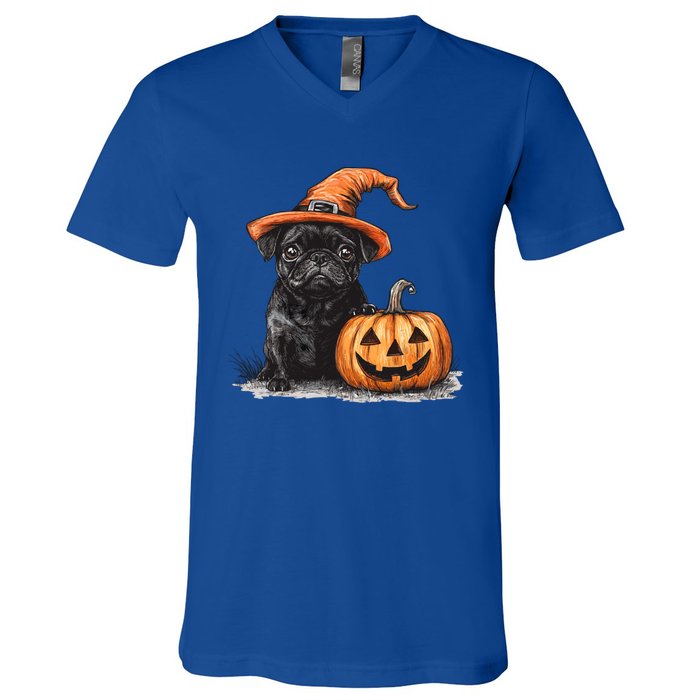 Black Pug With Witch Hat And Pumpkin Halloween Pug Mom Dog Cool Gift V-Neck T-Shirt