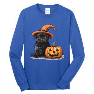 Black Pug With Witch Hat And Pumpkin Halloween Pug Mom Dog Cool Gift Tall Long Sleeve T-Shirt