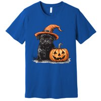 Black Pug With Witch Hat And Pumpkin Halloween Pug Mom Dog Cool Gift Premium T-Shirt