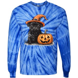 Black Pug With Witch Hat And Pumpkin Halloween Pug Mom Dog Cool Gift Tie-Dye Long Sleeve Shirt