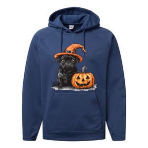 Black Pug With Witch Hat And Pumpkin Halloween Pug Mom Dog Cool Gift Performance Fleece Hoodie