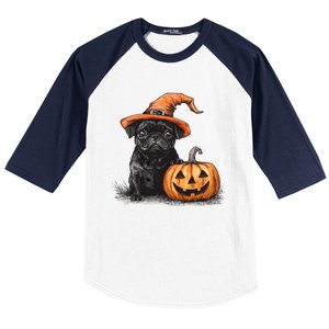 Black Pug With Witch Hat And Pumpkin Halloween Pug Mom Dog Cool Gift Baseball Sleeve Shirt