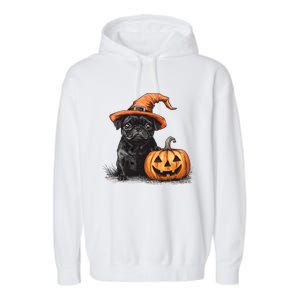 Black Pug With Witch Hat And Pumpkin Halloween Pug Mom Dog Cool Gift Garment-Dyed Fleece Hoodie