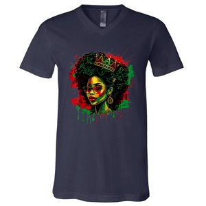 Black Queen Afro Melanin Woman Dripping Art Black History V-Neck T-Shirt