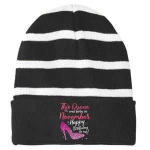 Black Queens Are Born In November Birthday Striped Beanie with Solid Band