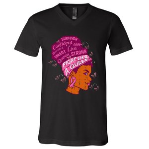 Black Queen African Women Pink Afro Breast Cancer Awareness V-Neck T-Shirt