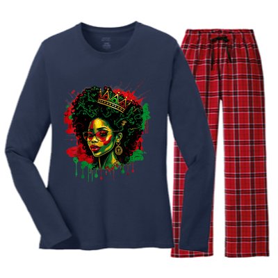 Black Queen Afro Melanin Woman Dripping Art Black History Women's Long Sleeve Flannel Pajama Set 