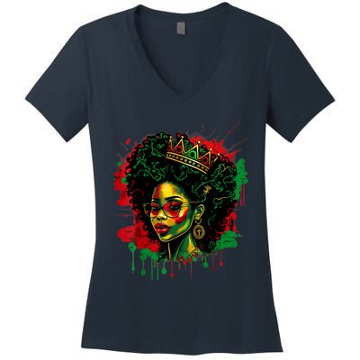 Black Queen Afro Melanin Woman Dripping Art Black History Women's V-Neck T-Shirt