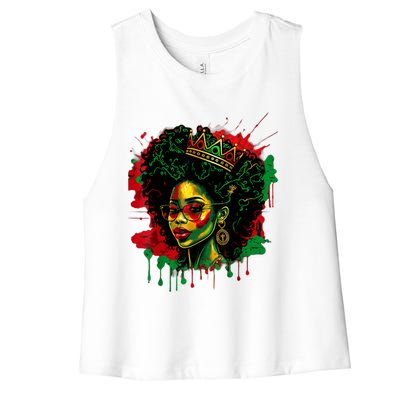 Black Queen Afro Melanin Woman Dripping Art Black History Women's Racerback Cropped Tank