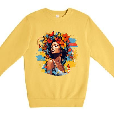 Black Queen Beach Lady Flowers Butterflies Beautiful Premium Crewneck Sweatshirt