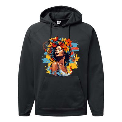 Black Queen Beach Lady Flowers Butterflies Beautiful Performance Fleece Hoodie