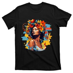 Black Queen Beach Lady Flowers Butterflies Beautiful T-Shirt