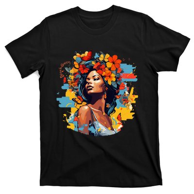 Black Queen Beach Lady Flowers Butterflies Beautiful T-Shirt