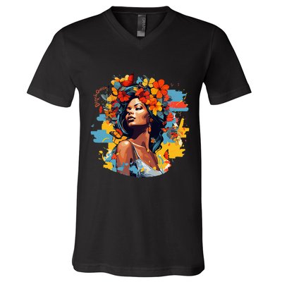 Black Queen Beach Lady Flowers Butterflies Beautiful V-Neck T-Shirt