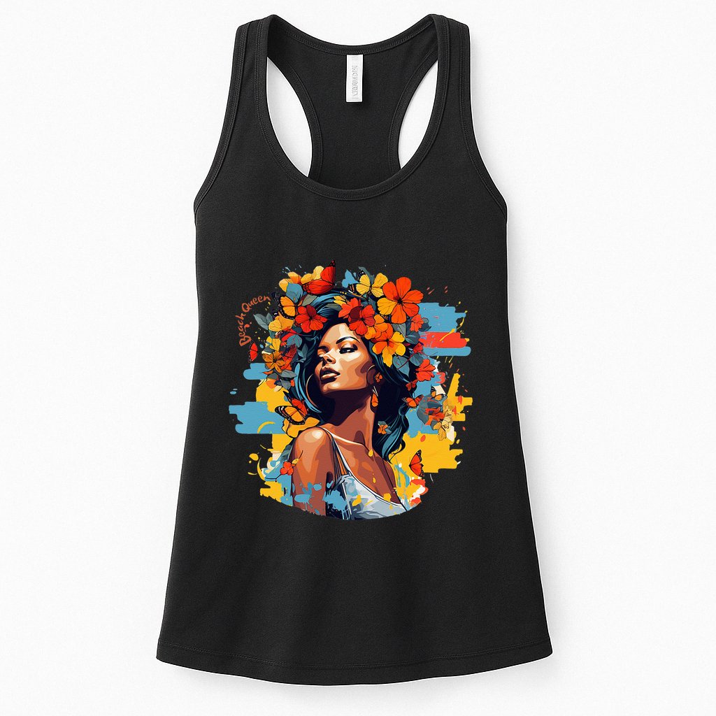 Black Queen Beach Lady Flowers Butterflies Beautiful Womens Tank Top