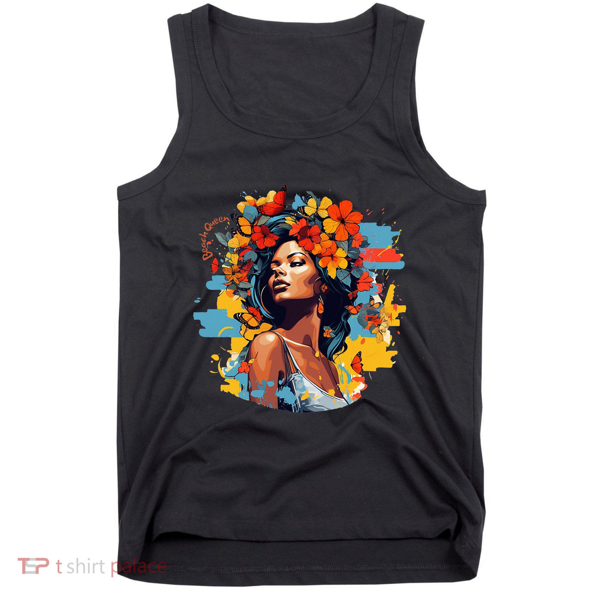 Black Queen Beach Lady Flowers Butterflies Beautiful Tank Top