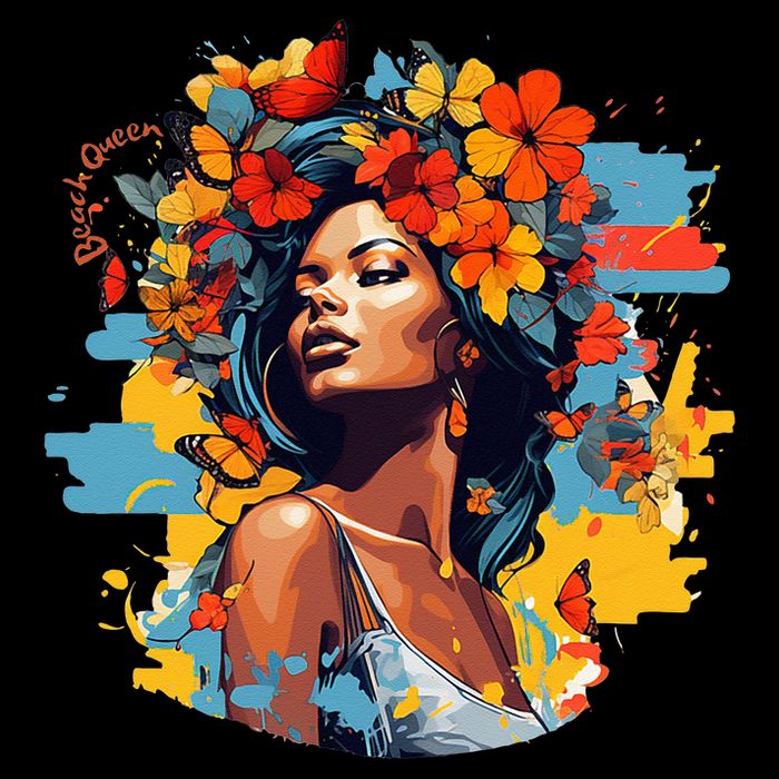 Black Queen Beach Lady Flowers Butterflies Beautiful Womens T-Shirt