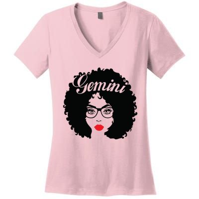 Black Queen Birthday Gifts Red Lips Afro Diva Gemini Zodiac Women's V-Neck T-Shirt