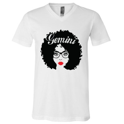 Black Queen Birthday Gifts Red Lips Afro Diva Gemini Zodiac V-Neck T-Shirt