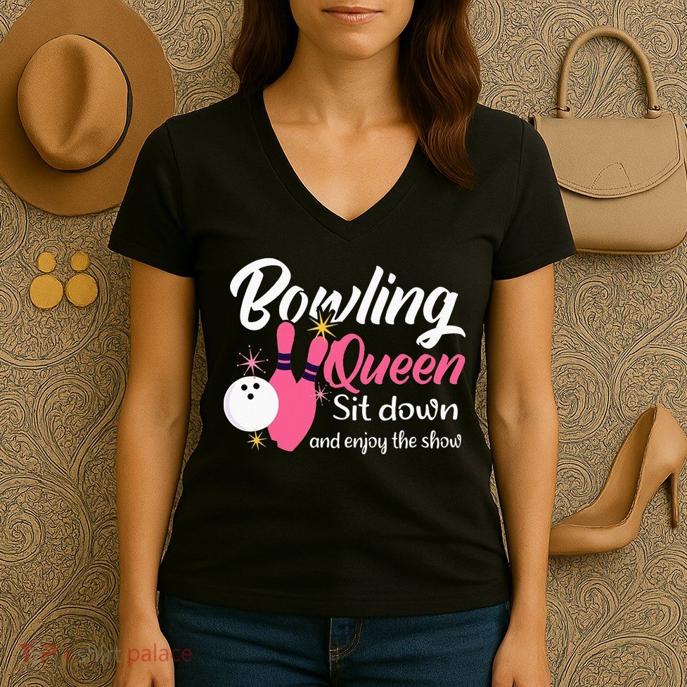Bowling Queen, Funny Bowling Women's V-Neck T-Shirt