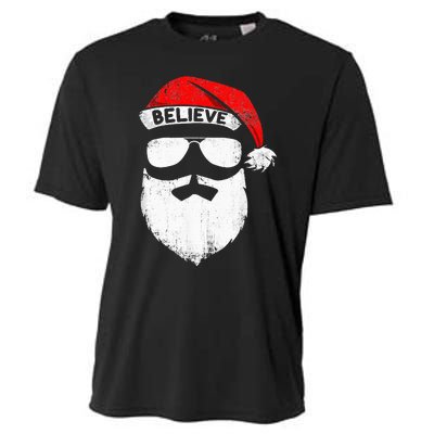 Believe Quote On Santa Hat Mustache Family Reunion Christmas Cooling Performance Crew T-Shirt