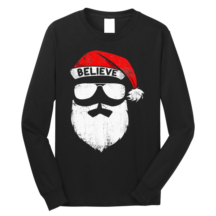 Believe Quote On Santa Hat Mustache Family Reunion Christmas Long Sleeve Shirt