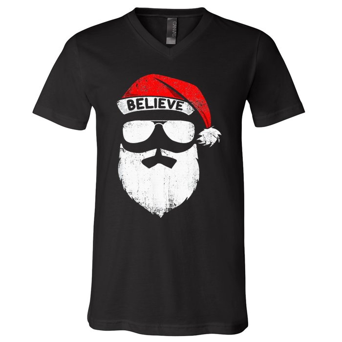 Believe Quote On Santa Hat Mustache Family Reunion Christmas V-Neck T-Shirt