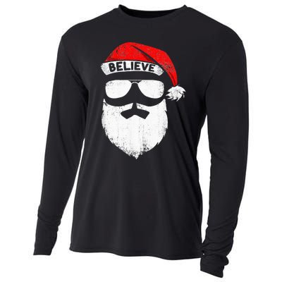 Believe Quote On Santa Hat Mustache Family Reunion Christmas Cooling Performance Long Sleeve Crew