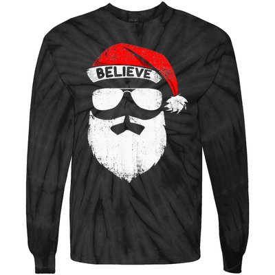 Believe Quote On Santa Hat Mustache Family Reunion Christmas Tie-Dye Long Sleeve Shirt