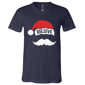 Believe Quote On Santa Hat Mustache Family Reunion Christmas V-Neck T-Shirt