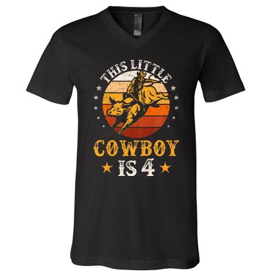 Bull Riding 4th Birthday Boy 4 Year Old Western Cowboy Rodeo V-Neck T-Shirt