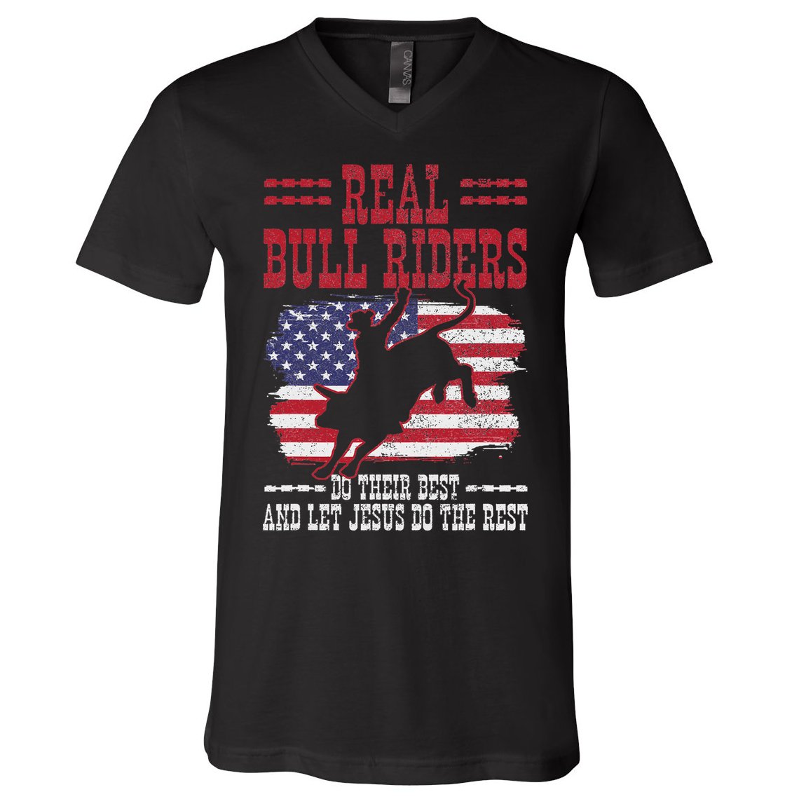 Bull Riding American Flag Rodeo Patriotic Christian Rider V-Neck T-Shirt