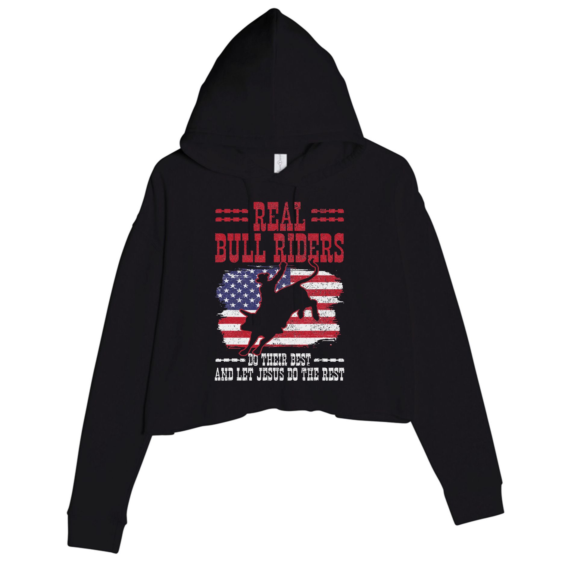 Bull Riding American Flag Rodeo Patriotic Christian Rider Crop Fleece Hoodie