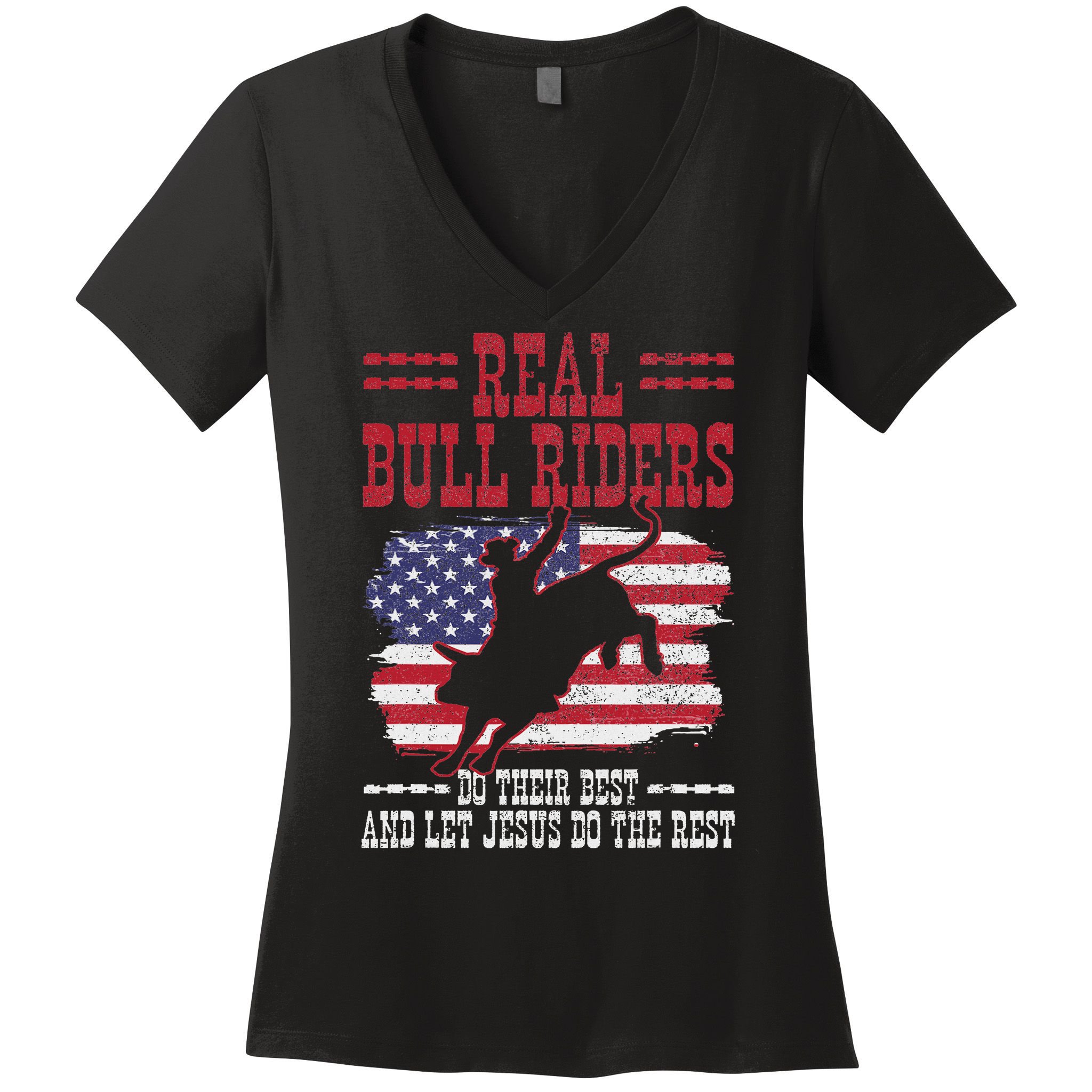 Bull Riding American Flag Rodeo Patriotic Christian Rider Women's V-Neck T-Shirt