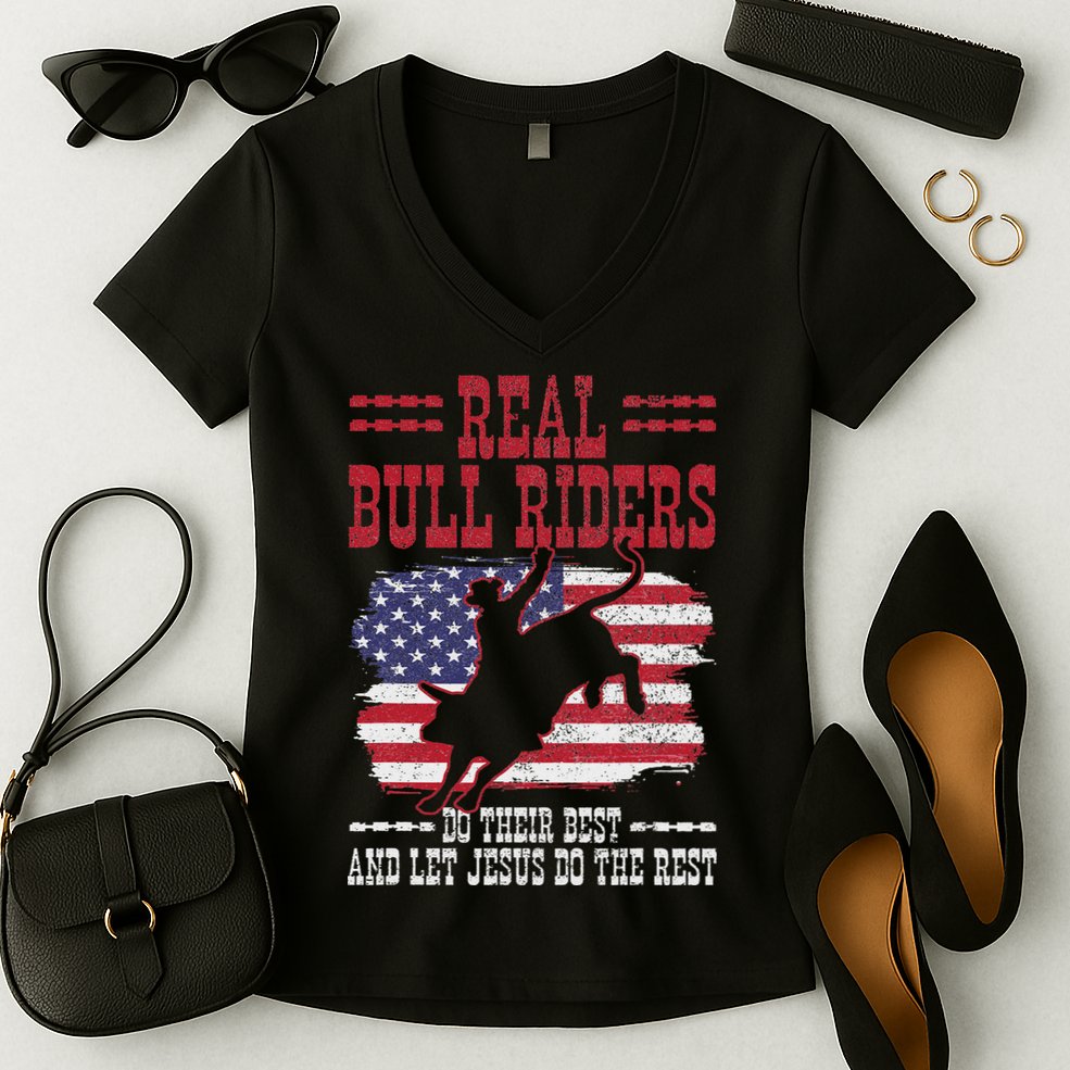 Bull Riding American Flag Rodeo Patriotic Christian Rider Women's V-Neck T-Shirt