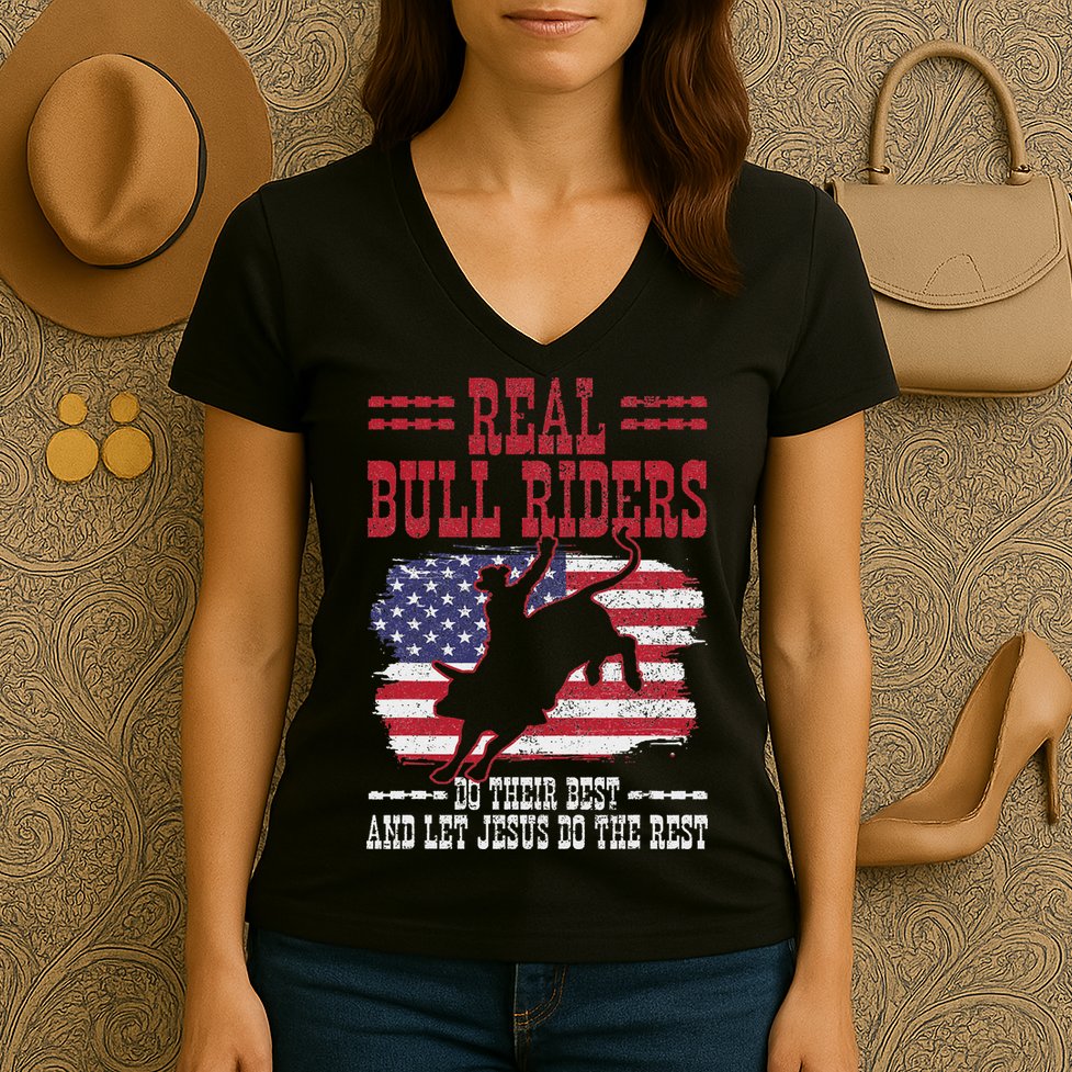 Bull Riding American Flag Rodeo Patriotic Christian Rider Women's V-Neck T-Shirt