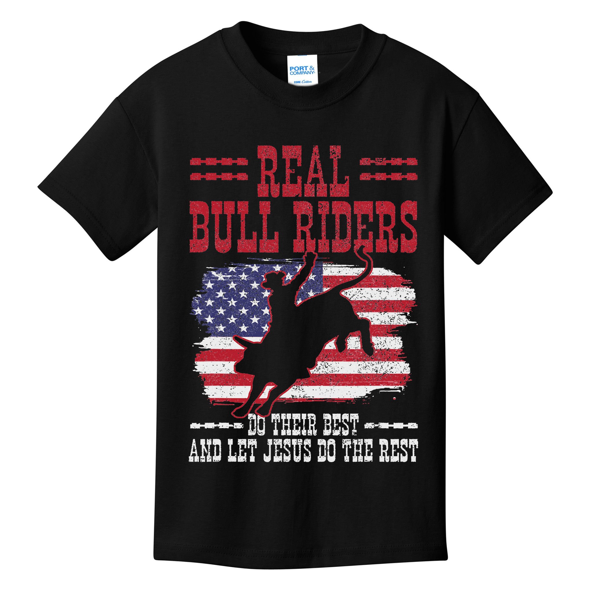 Bull Riding American Flag Rodeo Patriotic Christian Rider Kids T-Shirt