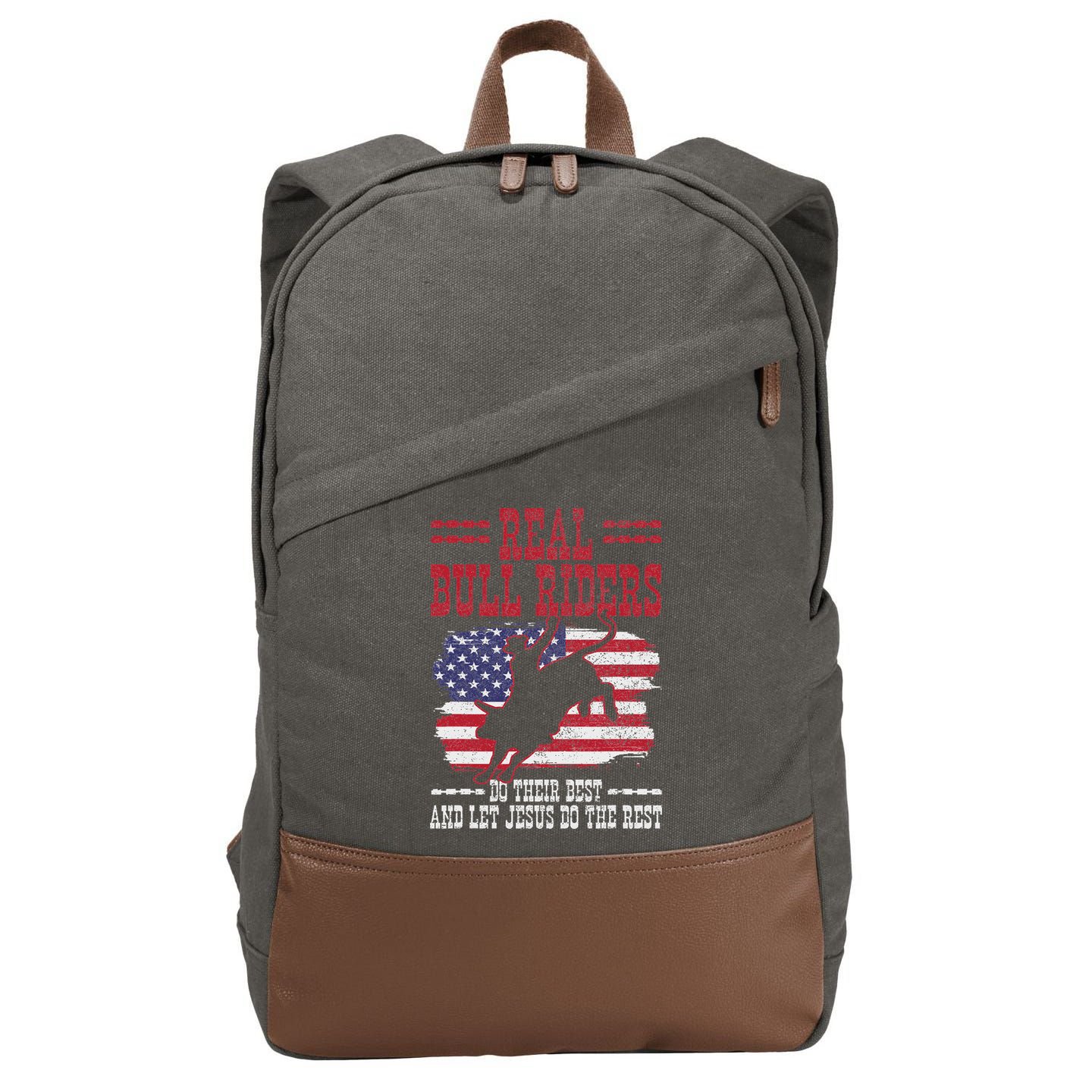Bull Riding American Flag Rodeo Patriotic Christian Rider Cotton Canvas Backpack