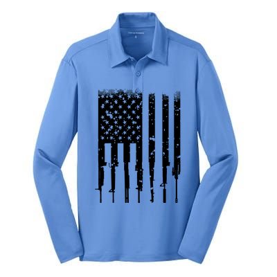 Bullet Riddled American Rifle Flag Silk Touch Performance Long Sleeve Polo