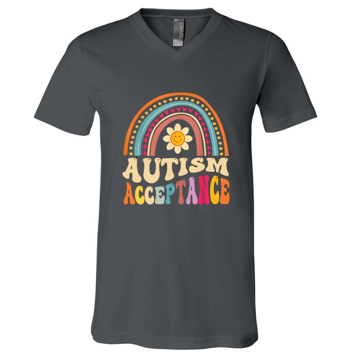 Boho Rainbow Acceptance Special Education Teacher Gift Autism Awareness V-Neck T-Shirt