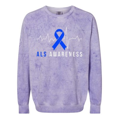 Blue Ribbon ALS Awareness Heartbeat Colorblast Crewneck Sweatshirt