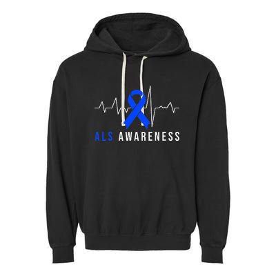 Blue Ribbon ALS Awareness Heartbeat Garment-Dyed Fleece Hoodie